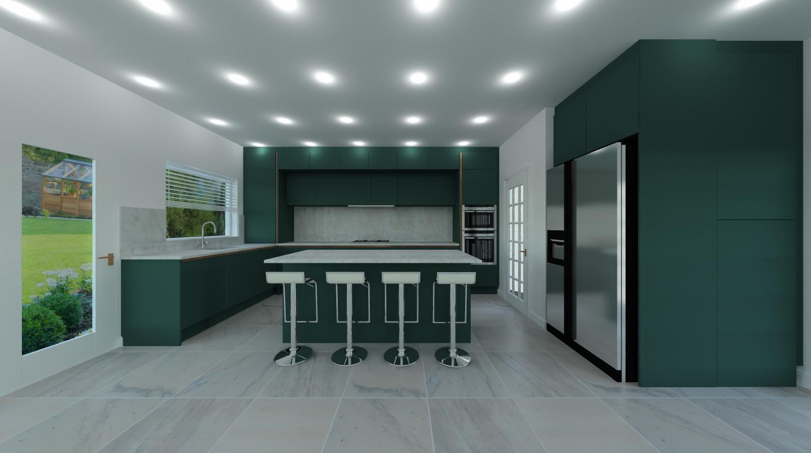 Deep green true-handleless German kitchen with a central island